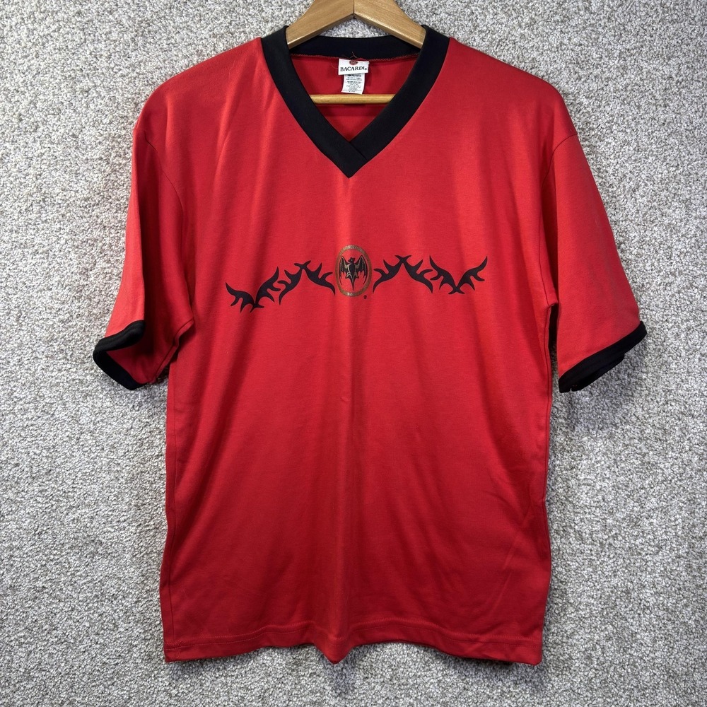 Bacardi Shirt Mens Large Red V-Neck Bat‎ Logo Graphic Tee Bar Alcohol Rum
